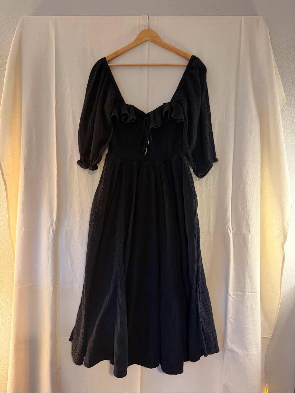 Free People Black Puff Sleeve Ruffled Midi Dress